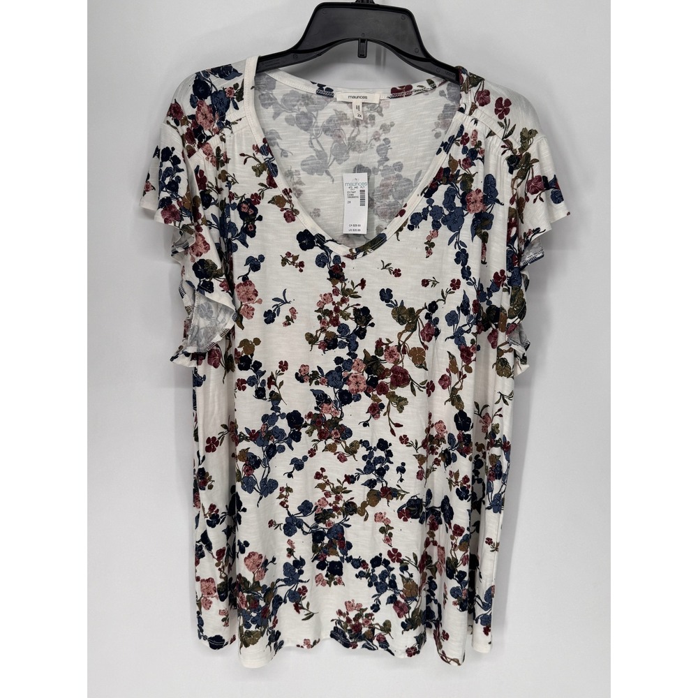 Maurices Top Womens 2X White NWT Floral Flutter Sleeve V-Neck Ruffle Trim